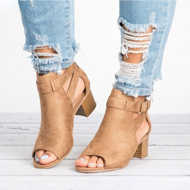 Women Chunky Heel Sandals Ladies Summer New Toe High Heels Female Buckle Fashion Casual Plus Size 34-43 Sandalias De Mujer