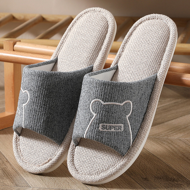 Women Indoor Linen Slippers Floor Couple Bedroom Shoes Ladies Summer Cute Cartoon Open Toes Non-slip Flip Flops Zapatillas Mujer