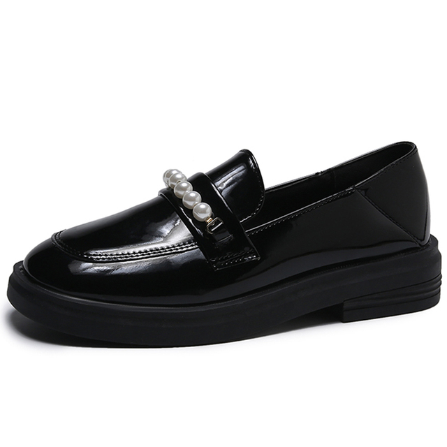 lucifer pearl pu leather loafers shoes for women buckle slip on platform flats woman 2022 spring black round toe office shoes