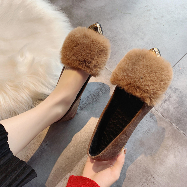 Shallow Mouth Women Autumn Fur Loafers Sneakers Female Plain Metal Pointed Toe Flats Women's Shoes