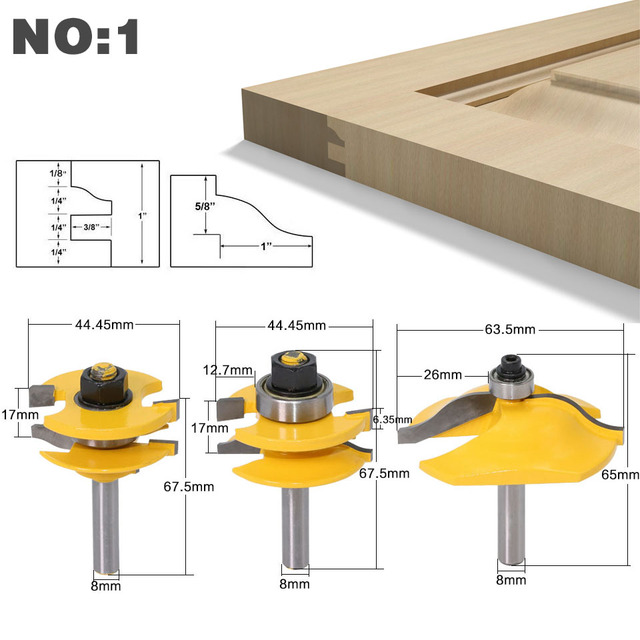 8mm Shank High Quality Raised Panel Cabinet Door Router Bit Set - 3 Bits Ogee Woodworking Cutter Woodworking Router Bits