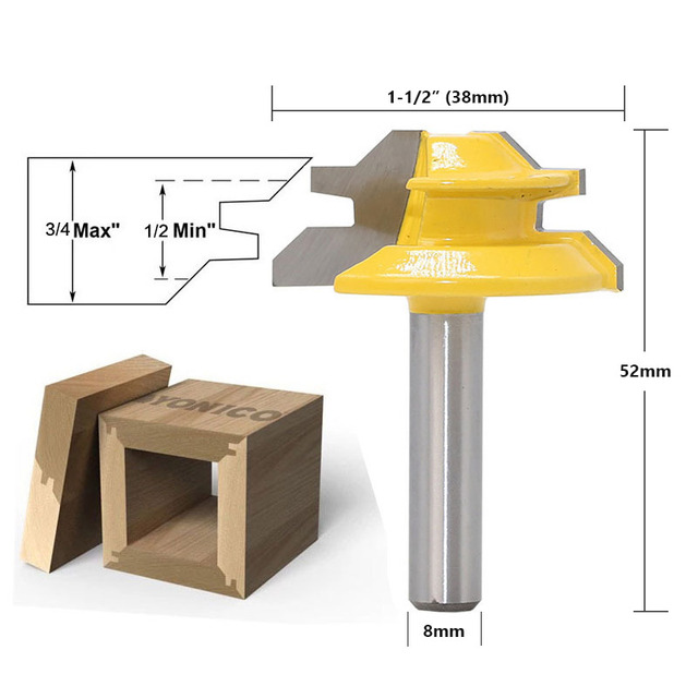 1/2" 1/4" 8mm Shank 45 Degree Lock Miter Router Bit 8*1-1/2 8*1-3/8 Tenon End Cutter Milling Tools for Woodworking