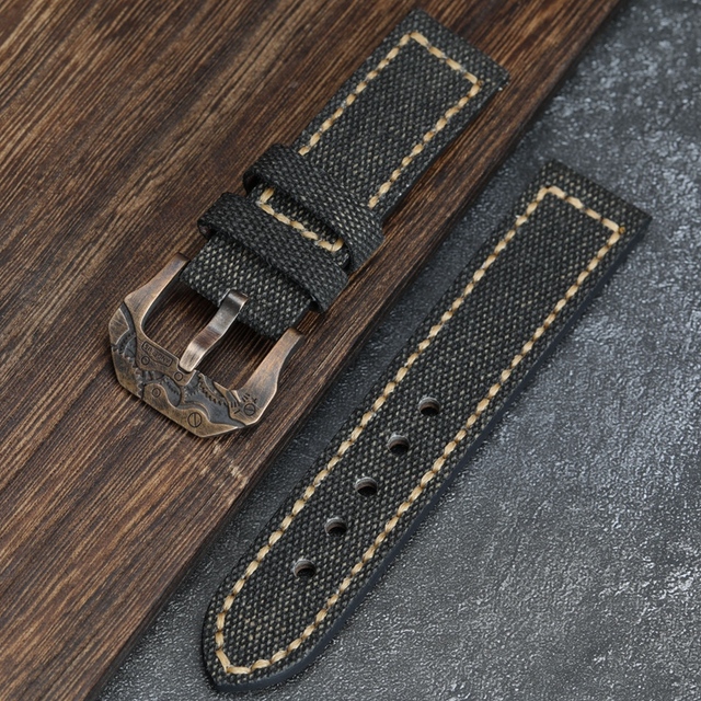 Handmade Canvas + Leather Watchband 20 22 24 26mm Compatible Bronze Strap Personalized Bronze Buckle