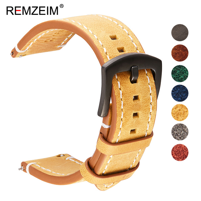 Remz Plaid - Genuine Leather Watch Band for Men and Women, Black, Blue, Gray, Brown, Cowhide, 18mm, 20mm, 22mm, 24mm