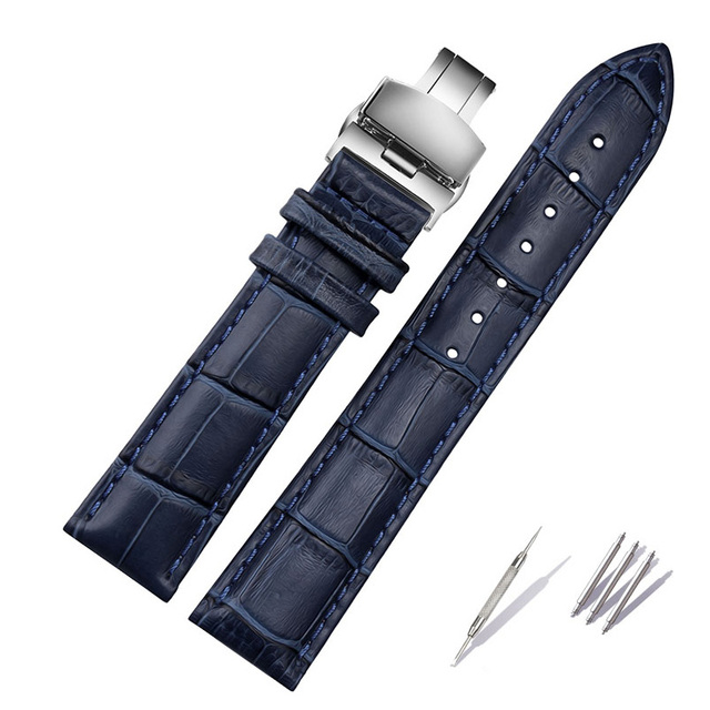 Genuine Leather Bracelet Dark Blue Watch Strap Butterfly Clasp Watchband Size In 16mm 18mm 20mm 21 22mm 23mm Watch Band