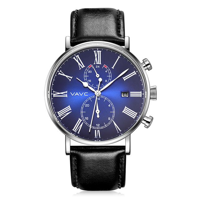 VAVC New Fashion Top Business Analog Quartz Wrist Watch for Men 24 Hours Display Leather Band Dial and Date Function Watches Men