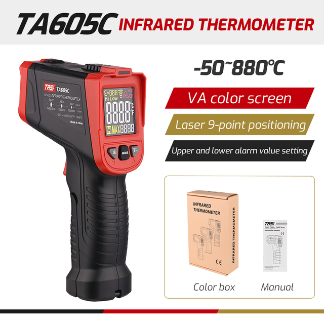 TASI TA605A/B/C ميزان الحرارة الرقمي بالأشعة تحت الحمراء عدم الاتصال Termometro VA لون LCD ضوء إنذار ليزر لتحديد المواقع مقياس الحرارة