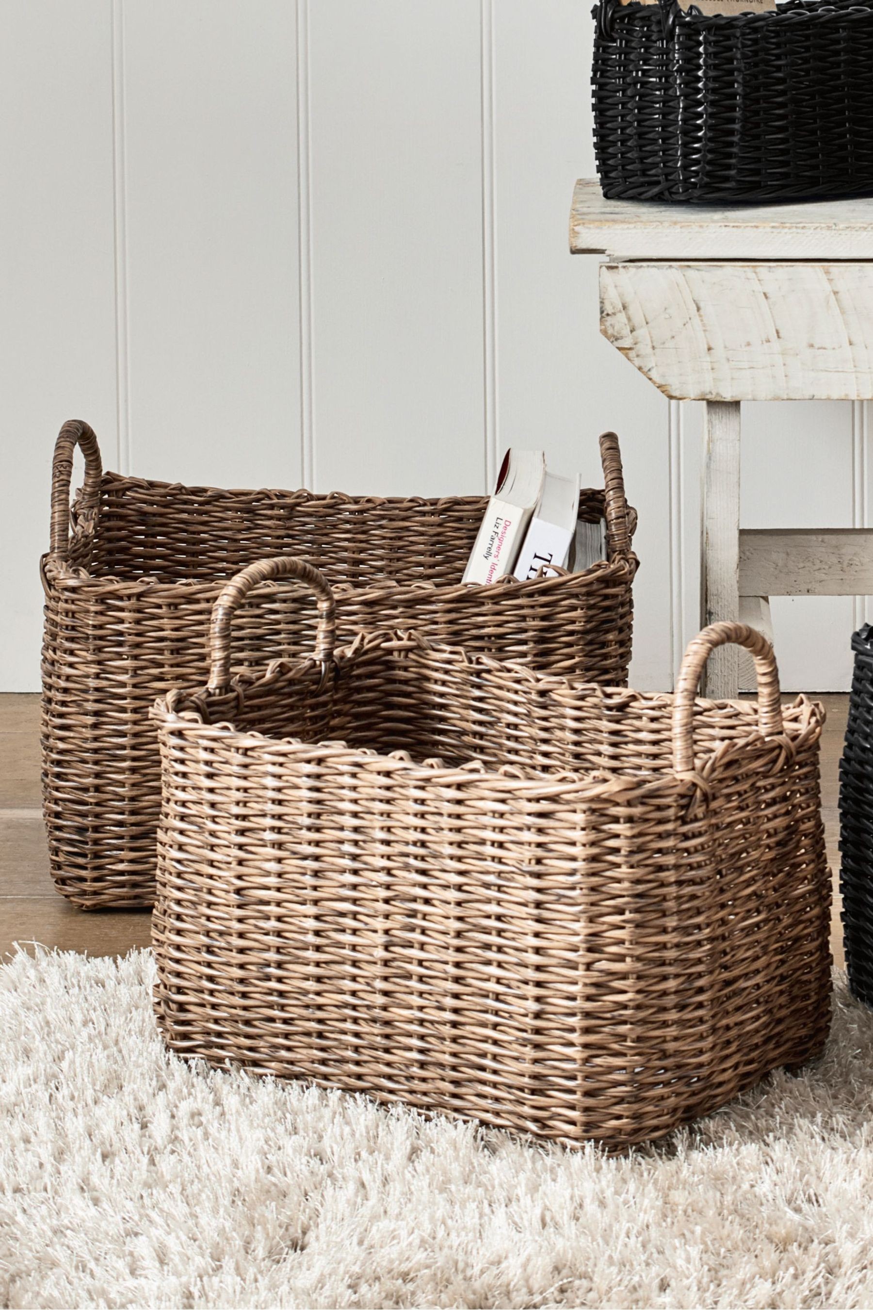 Plastic Wicker Storage Set of 2 Baskets