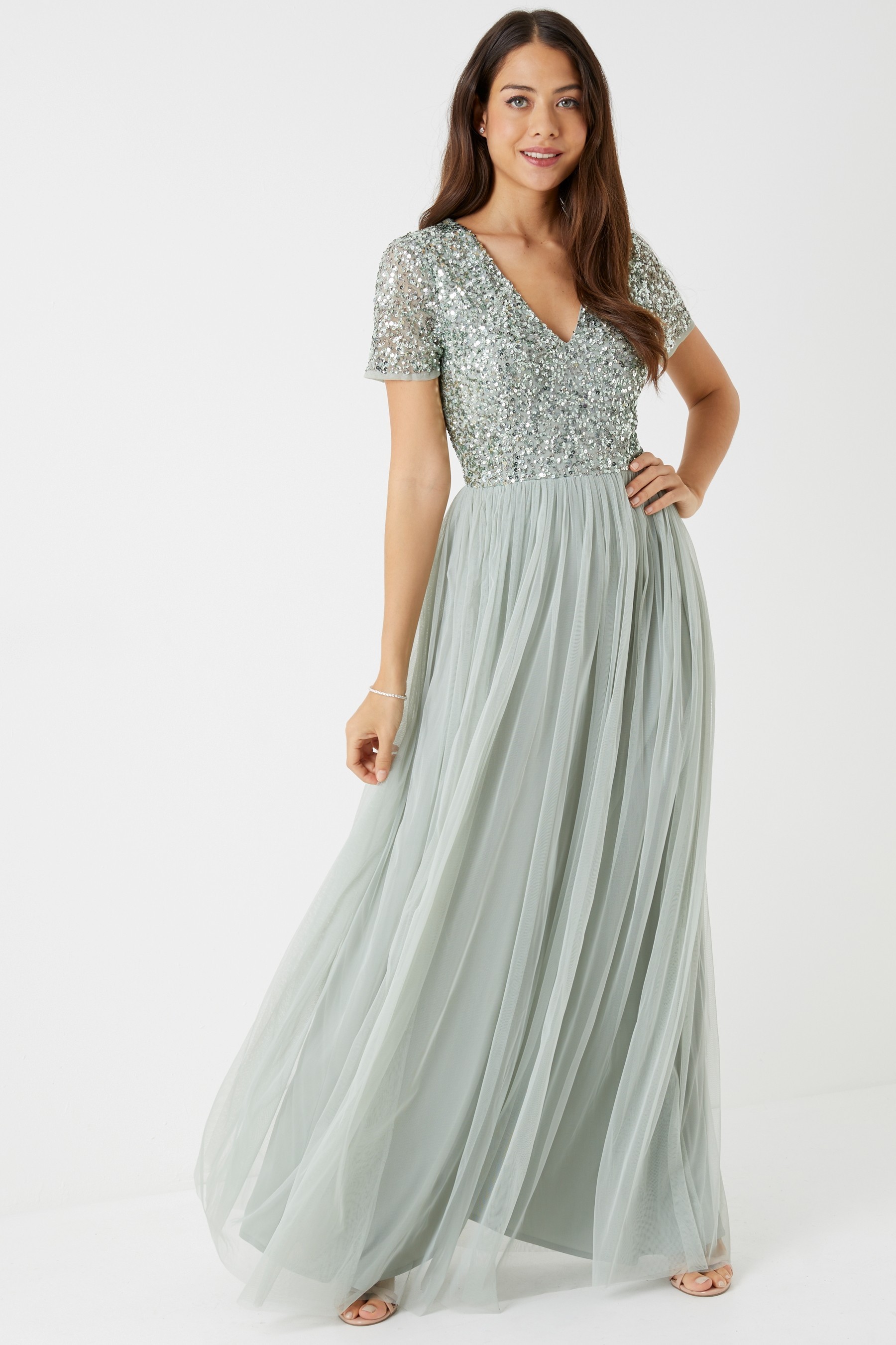 Maya V Neck Short Sleeve Sequin Maxi Dress Regular