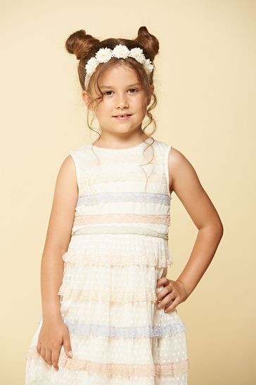 Amelia Rose Cream Multi-coloured Lace Trim Party Dress