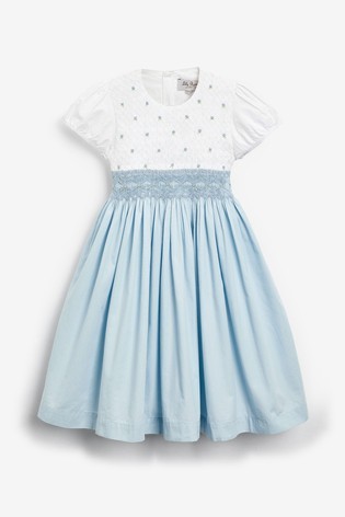 Trotters London Blue Rose Hand Smocked Dress