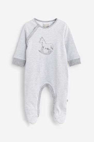 The Little Tailor Grey Stripe Jersey Rocking Horse Sleepsuit