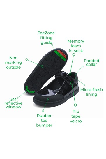 ToeZone Black Patent One Strap School Shoes