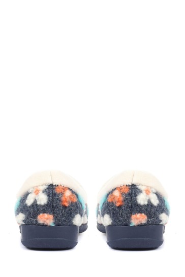 Pavers Blue Ladies Full Slippers with Flower Embellishment