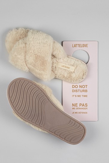 LatteLove Cream Sand Criss Cross Faux Fur Slide Slippers