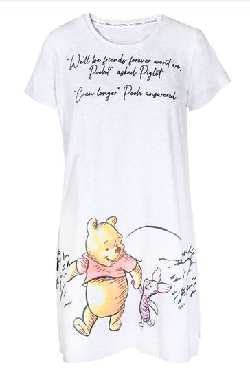 Brand Threads Ladies Official Disney Winnie The Pooh BCI Cotton Grey Nightdress Sizes XS-XL