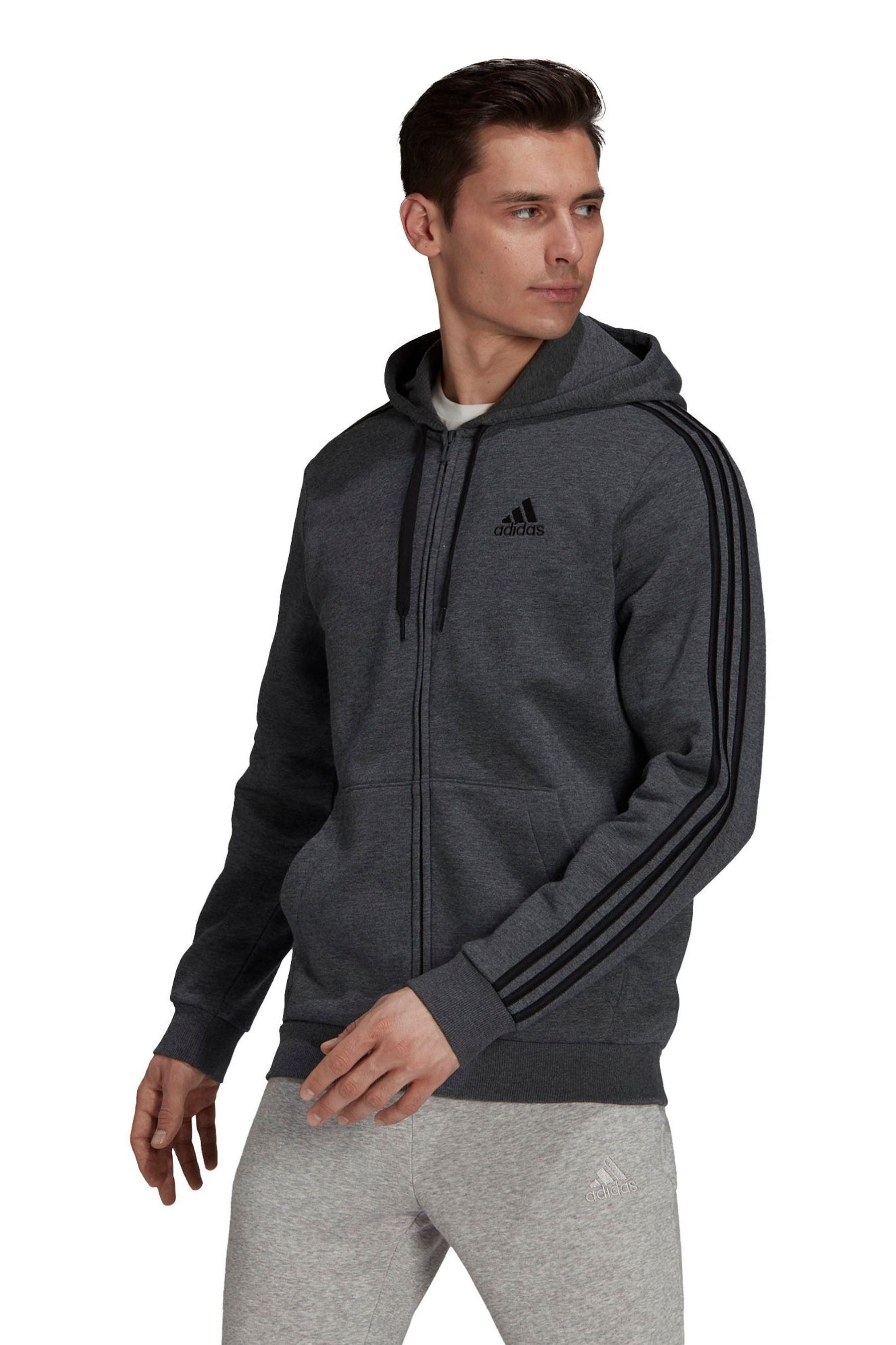 adidias Fleece 3 Stripe Zip Through Hoodie