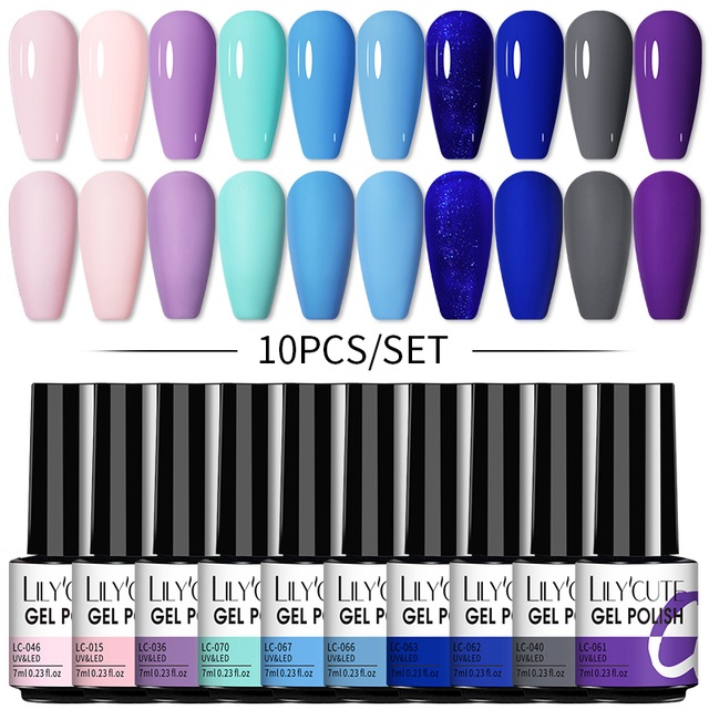 LILYCUTE 10pcs Gel Nail Polish Set With UV Lamp Nude Gel Semi Permanent Hybrid Varnish Base Top Coat Soak Off UV LED Nail Art