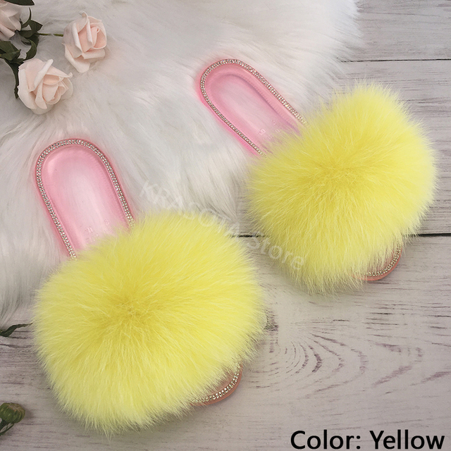 fluffy slippers women real fur home slides summer crystal rhinestones shoes for women flip flops with fur jelly sandals women