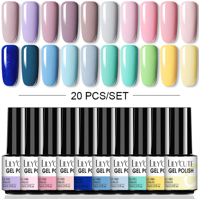 LILYCUTE 10/20/8/2pcs Gel Nail Polish Set Semi Permanent Glitter Hybrid Varnish Base Top Coat Soak Off UV LED Nails Gel