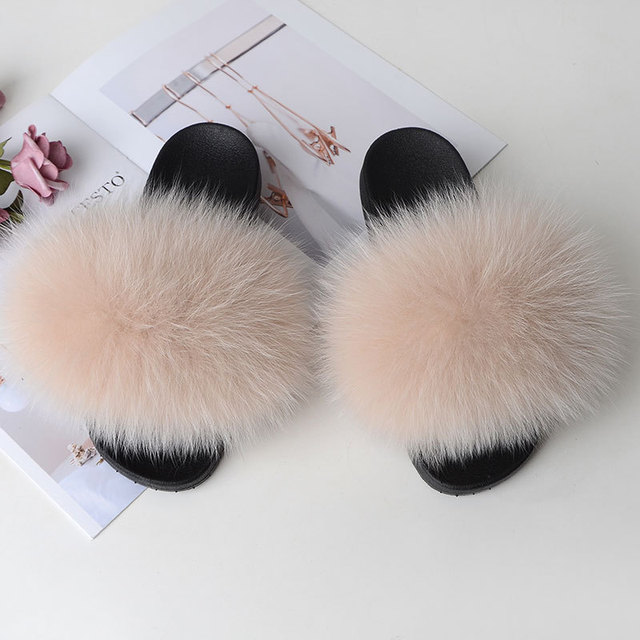 Genuine Fluffy Fur Slippers Women Summer Indoor Flip Flops Fur Sandals Slides Ladies Home Furry Plush Shoes Woman Fur Slides