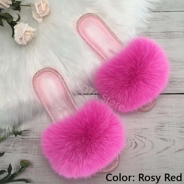 fluffy slippers women real fur home slides summer crystal rhinestones shoes for women flip flops with fur jelly sandals women