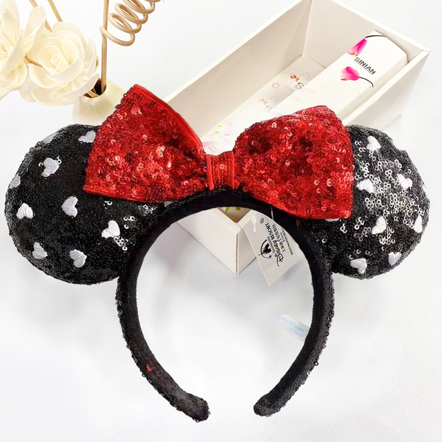 Original Disney Mickey Mouse Headband for Women Sequin Ears Costume Headband Cosplay Plush Adult Kids Headband