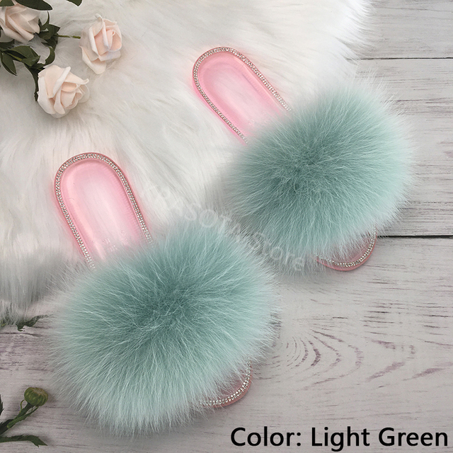 fluffy slippers women real fur home slides summer crystal rhinestones shoes for women flip flops with fur jelly sandals women