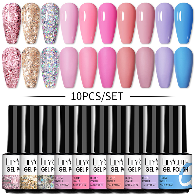 LILYCUTE 10pcs Gel Nail Polish Set With UV Lamp Nude Gel Semi Permanent Hybrid Varnish Base Top Coat Soak Off UV LED Nail Art