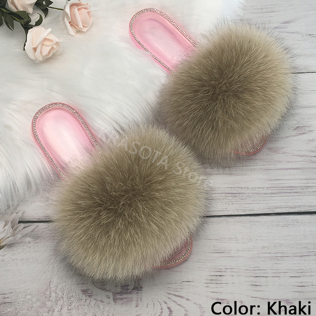 fluffy slippers women real fur home slides summer crystal rhinestones shoes for women flip flops with fur jelly sandals women