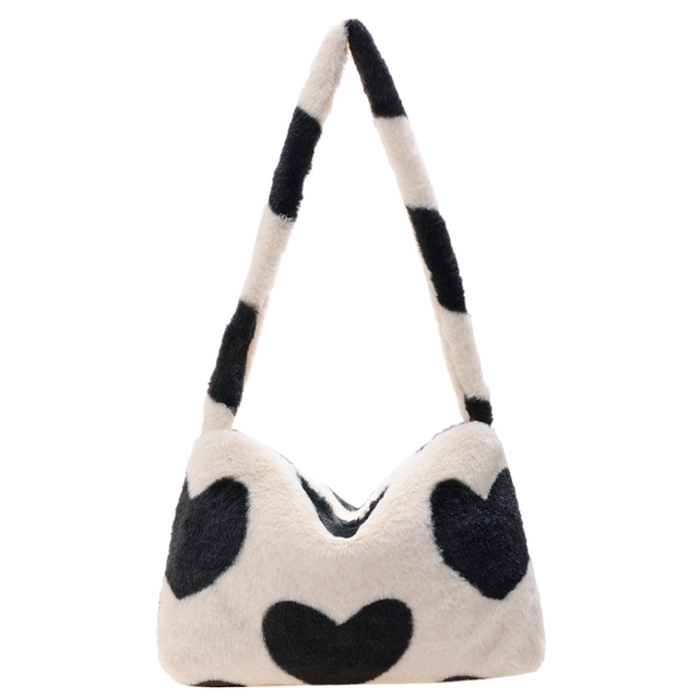 Fashion Women Cow Print Small Shoulder Bags Female Winter Plush Underarm Bags Leopard Zebra Pattern Fluffy Tote Bags Small Purses