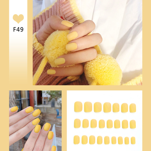 24pcs/box full cover fake press on nails matte yellow pure acrylic frosted ballerina acrylic for nails for women free shipping