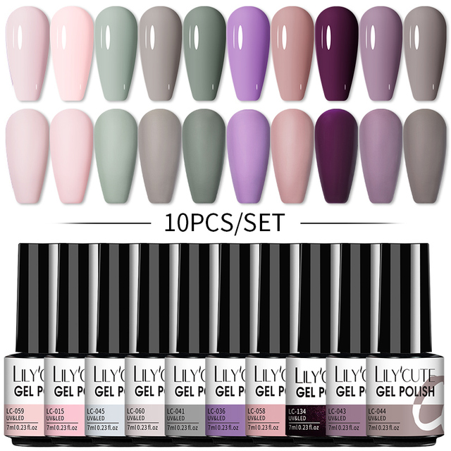 LILYCUTE 10pcs Gel Nail Polish Set With UV Lamp Nude Gel Semi Permanent Hybrid Varnish Base Top Coat Soak Off UV LED Nail Art