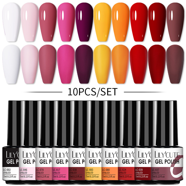 LILYCUTE 10pcs Gel Nail Polish Set With UV Lamp Nude Gel Semi Permanent Hybrid Varnish Base Top Coat Soak Off UV LED Nail Art