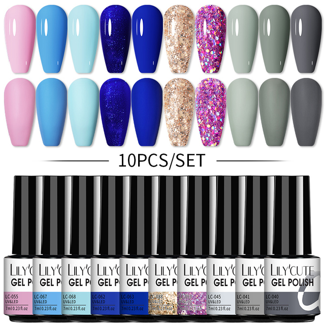 LILYCUTE 10pcs Gel Nail Polish Set With UV Lamp Nude Gel Semi Permanent Hybrid Varnish Base Top Coat Soak Off UV LED Nail Art