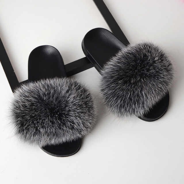 fluffy slippers women luxury real fox fur slippers women home fur slides ladies summer flip flops wholesale flat shoes slippers