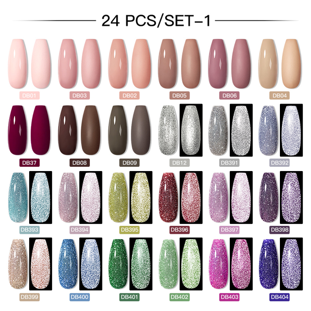 Mtssii 60pcs Color Gel Nail Polish Set Glitter Nail Sequins Gel Soak Off UV Gel Semi Permanent Base Top Gel Nail Art Salon Kits