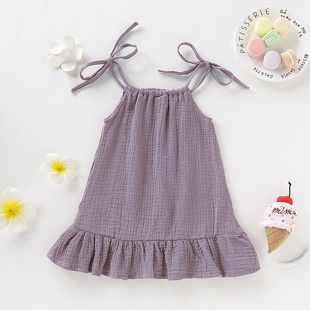 Baby Girls Summer Sleeveless Ruffles Dress Cotton Linen Fabric Kids Sheer Clothes