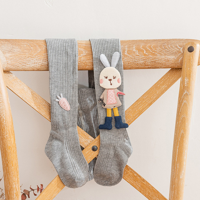 Cotton Tights for Girls Cute Cartoon Rabbit Children Pantyhose Soft Knitted Kids Tights Ribbed Striped Kids Stockings 3-12 Years