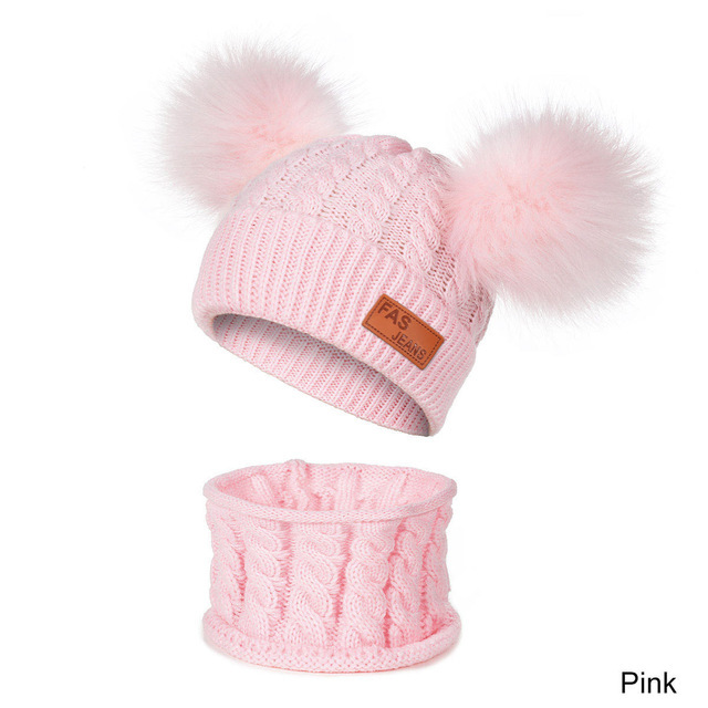 New Newborn Baby Kids Girls Boys Hat Scarf Winter Warm Knit Hat Furry Balls Pompom Solid Warm Cute Lovely Beanie Hat Gift Set