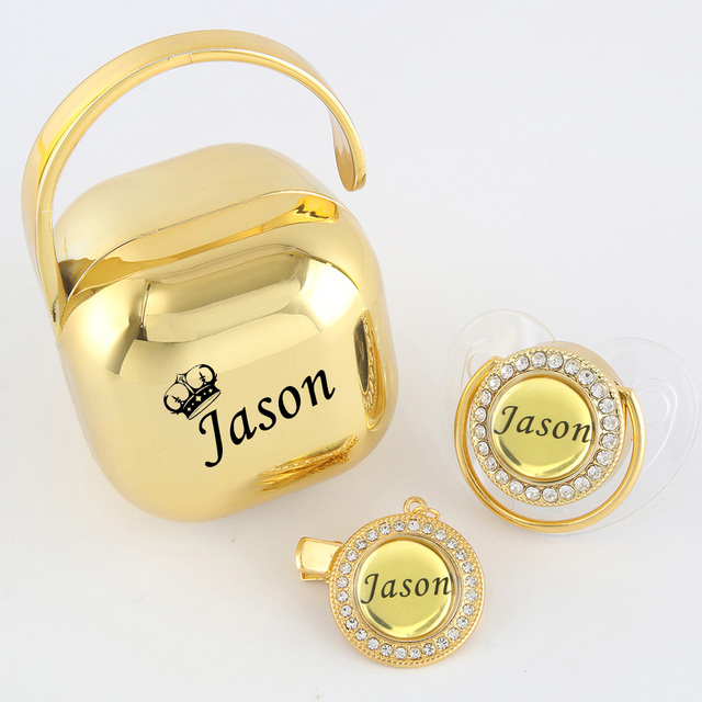 Any Name Personalized Gold Bling Pacifier Chain Clip Pacifier Box Set BPA Free Doll Pacifier Luxury Pacifier Baby Gift