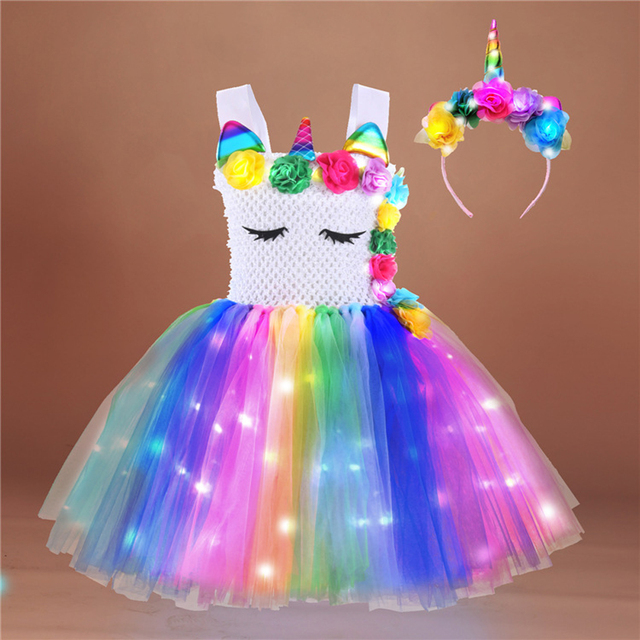 Girl Unicorn Dresses for Girls Tutu Princess Party Dresses with LED Lights Flower Birthday Party Cosplay Costume Girls Clothing