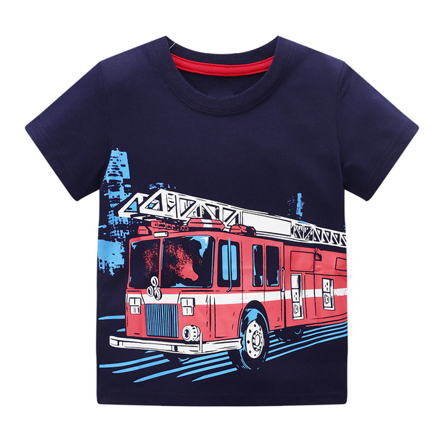 27 Kids Summer Boys Short Sleeve T-shirt Tops Clothes Fire Truck Pattern Children's Clothing Toddler Cotton Outfit 2-8Years