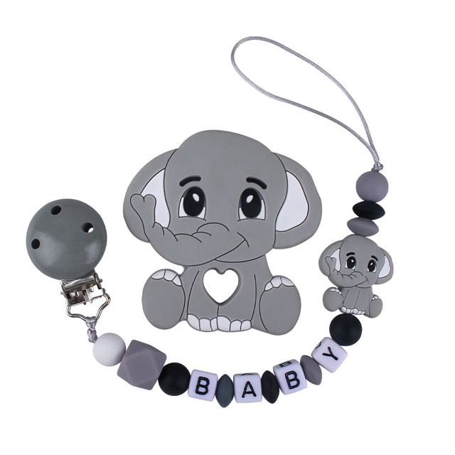 Customized Name Newborn Infant Baby Pacifier Clips Chain Elephant Silicone Beads Toy Teether Toy Doll Baby Holder Pacifier Chain