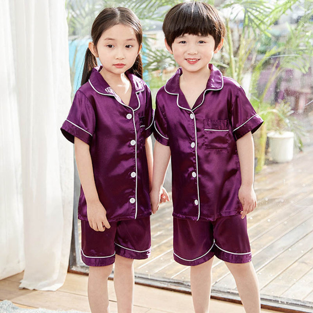 Silk Pajamas for Girls Boy Pajama Sets Summer Autumn Satin Long Sleeve Fashion Gray Pajama Toddler Kid Pajama Sleepwear Suit 3-14Y