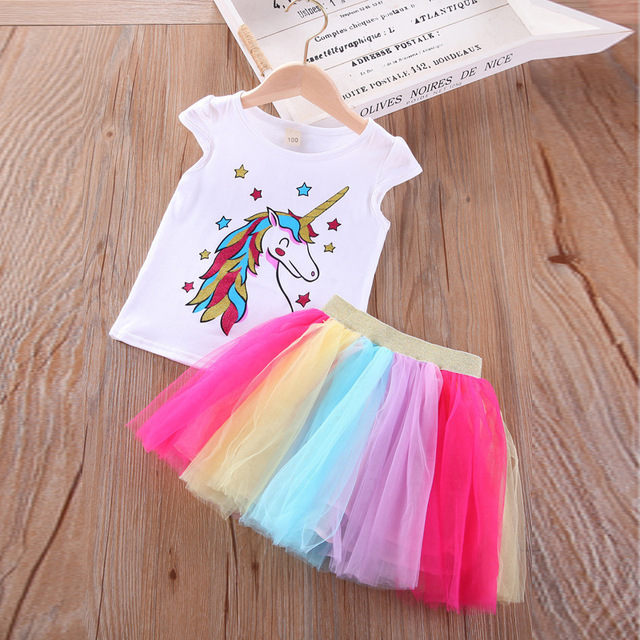 2022 spring new little girls clothes pink clothing set cartoon unicorn long sleeve T-shirt skirt 2 two-piece outfits