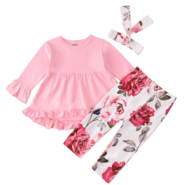 0~4 Years Autumn Spring Baby Kids Baby Girls Clothes Sets Tracksuits Long Sleeve Ruffle Floral Tops Pants Headwear 3pcs Outfits