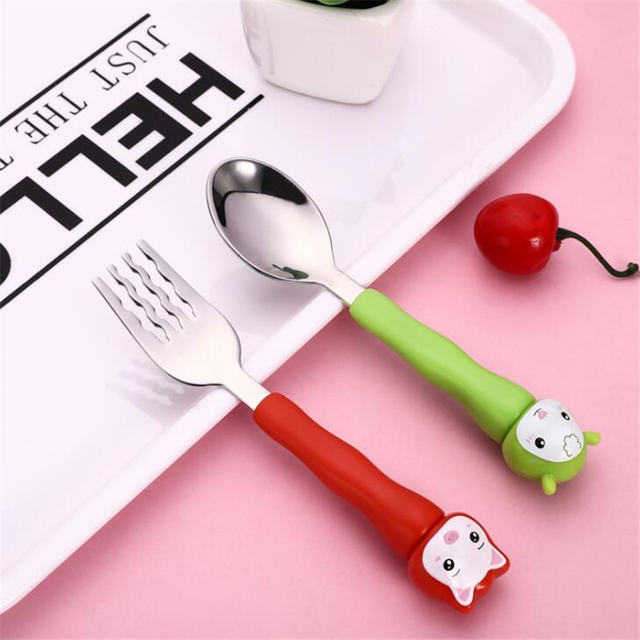 Baby gadgets cutlery set children utensils stainless steel baby dinnerware cutlery cartoon infant food feeding spoon fork