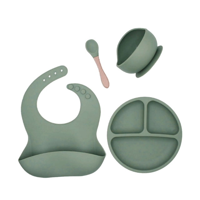 4pcs/set BPA Free Baby Silicone Tableware Waterproof Bib Solid Color Dinner Plate Lollipop Bowl and Spoon for Kids