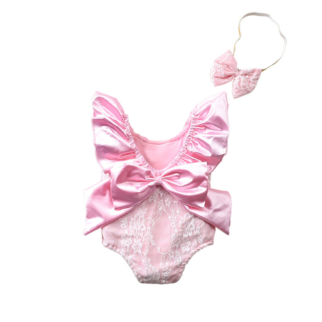 2022 Cute Ruffled Girls Swimwear With Bow Headband Kids Backless Bathing Suit Kids Beachwear